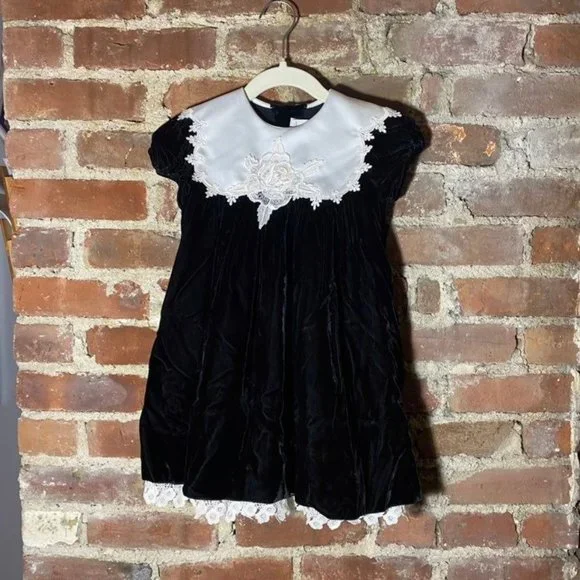 C.I. Castro | Dresses | Vintage Black Plush Velvet Dress Satin Lace Collar  4 | Poshmark
